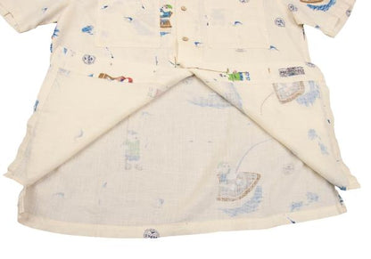 Papas Linen Bear Fishing Print Aloha Shirt Cream Size 48M