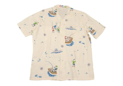 Papas Linen Bear Fishing Print Aloha Shirt Cream Size 48M
