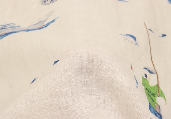 Papas Linen Bear Fishing Print Aloha Shirt Cream Size 48M