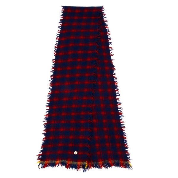 45rpm Wool Tartan Check Fringe Scarf Navy Red Multi