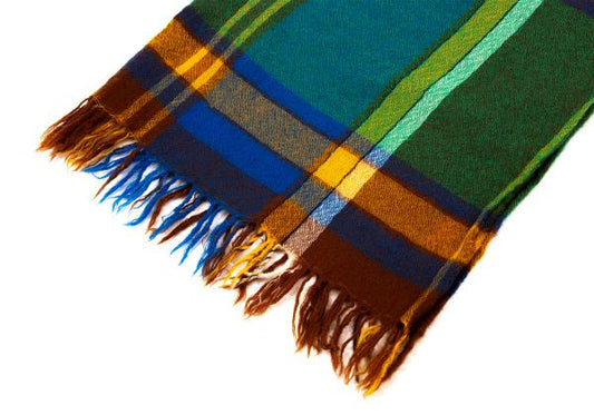 R by 45rpm Colorful Check Wool Fringe Scarf Blue