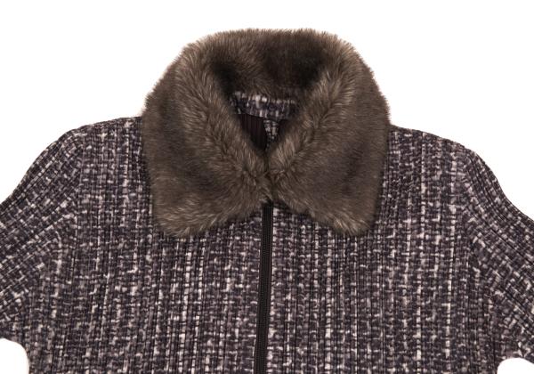 PLEATS PLEASE Fur Trim Fabric Print Zip Jacket Purple Size 4