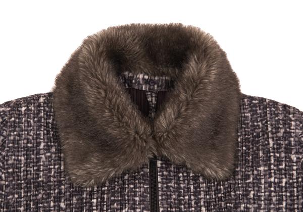 PLEATS PLEASE Fur Trim Fabric Print Zip Jacket Purple Size 4
