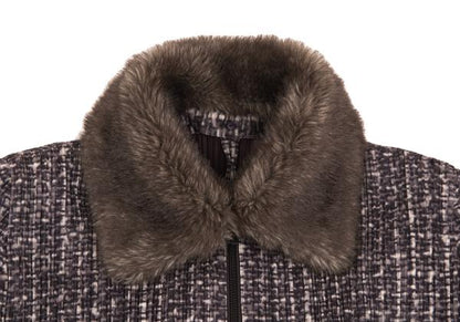 PLEATS PLEASE Fur Trim Fabric Print Zip Jacket Purple Size 4