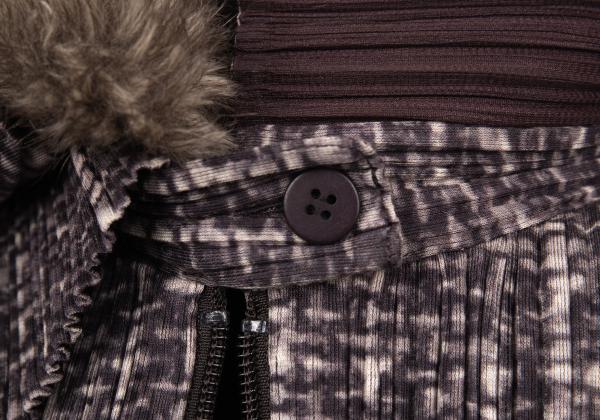 PLEATS PLEASE Fur Trim Fabric Print Zip Jacket Purple Size 4
