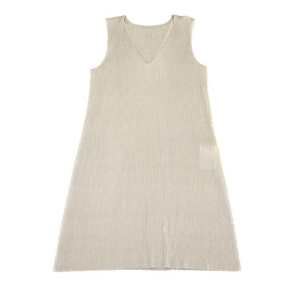 PLEATS PLEASE Pleats V-Neck Sleeveless Dress Greige Size 3