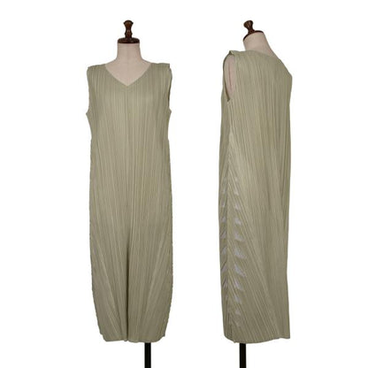 PLEATS PLEASE Side Cutout Pleated V-Neck Dress Beige Size 4