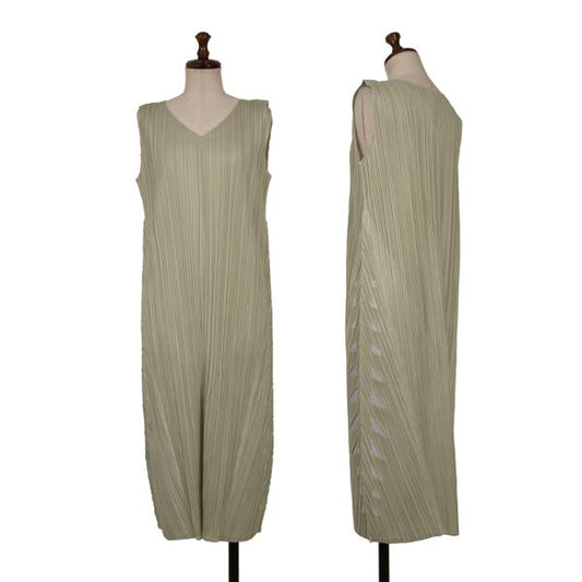 PLEATS PLEASE Side Cutout Pleated V-Neck Dress Beige Size 4