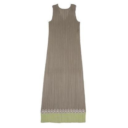 PLEATS PLEASE V-Neck Sleeveless Hem Dress Greige Size 3