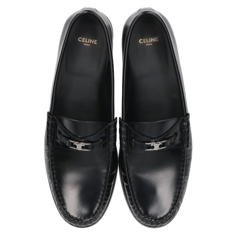 CELINE Luco Triomphe Leather Loafers Black Silver Size 10.5