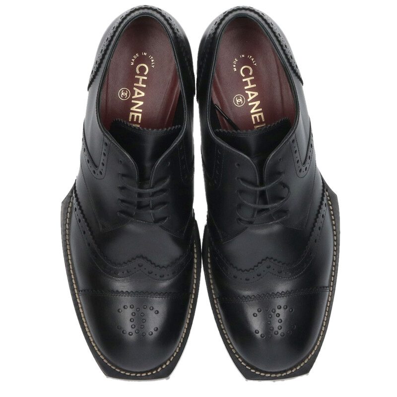 CHANEL 26SS CC Mark Lace-up Leather Shoes Black Size 9.5
