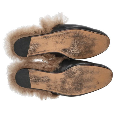 GUCCI Princetown Horsebit Fur Leather Loafers Black Size 7