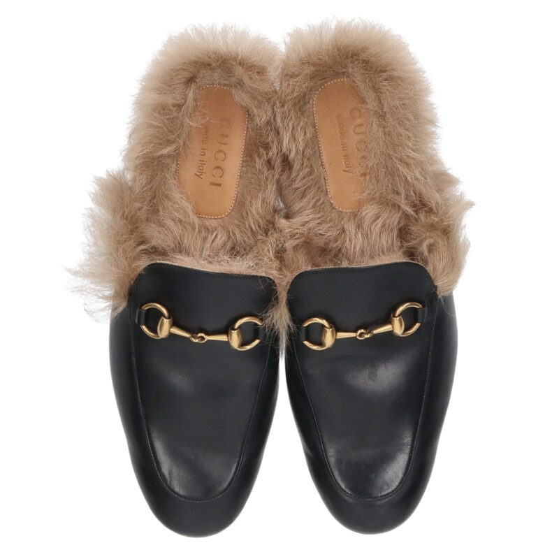 GUCCI Princetown Horsebit Fur Leather Loafers Black Size 7