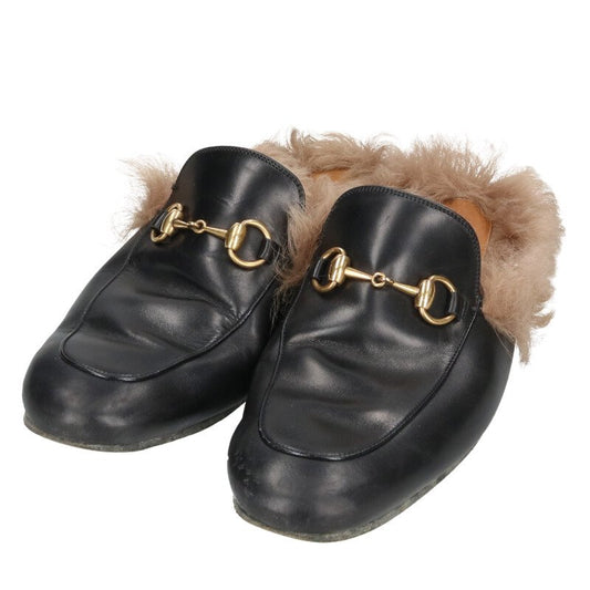 GUCCI Princetown Horsebit Fur Slippers Black Size 7
