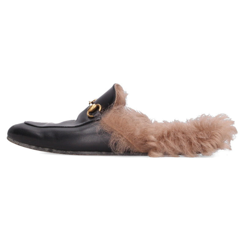 GUCCI Princetown Horsebit Fur Slippers Black Size 7