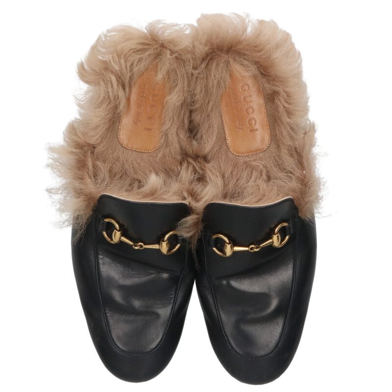 GUCCI Princetown Horsebit Fur Slippers Black Size 7
