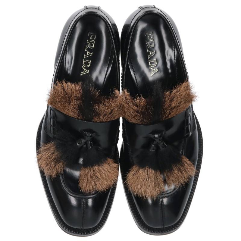 PRADA Fur Tassel Loafer Black/Brown Size 9