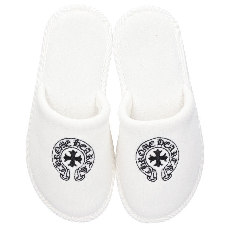 Chrome Hearts Horseshoe Embroidered Slippers White Size XS