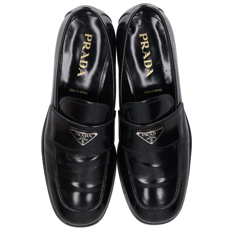 PRADA Triangle Logo Brushed Leather Loafers Black Size 9