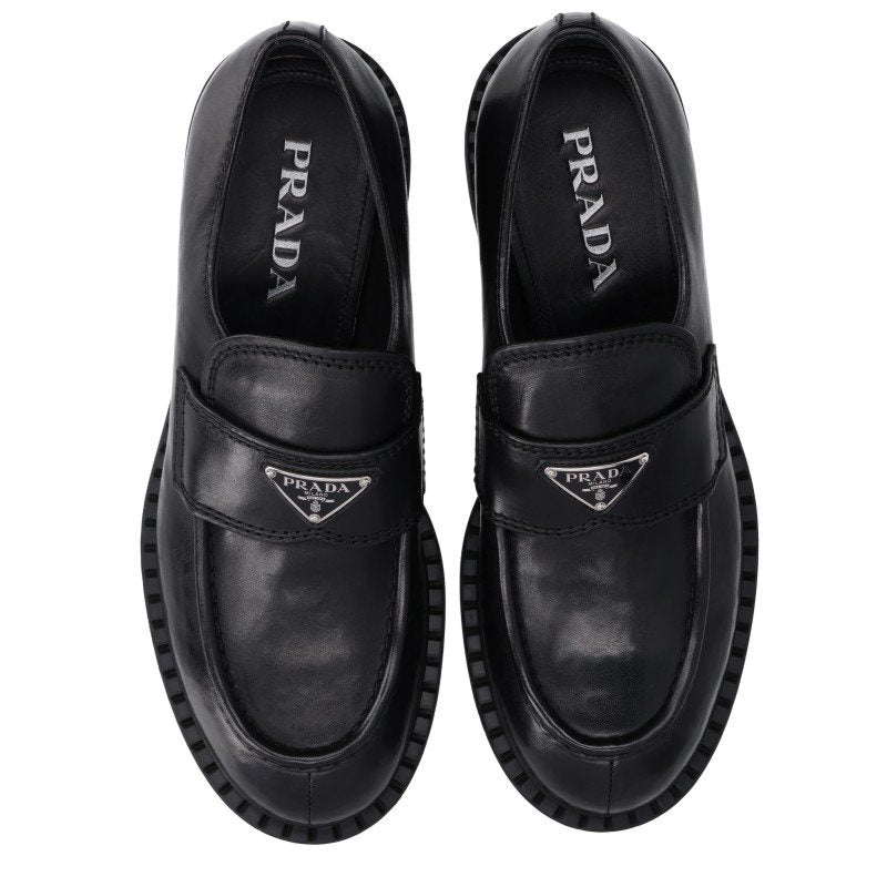 PRADA FW26 Triangle Plate Loafers Black/Silver Size 8
