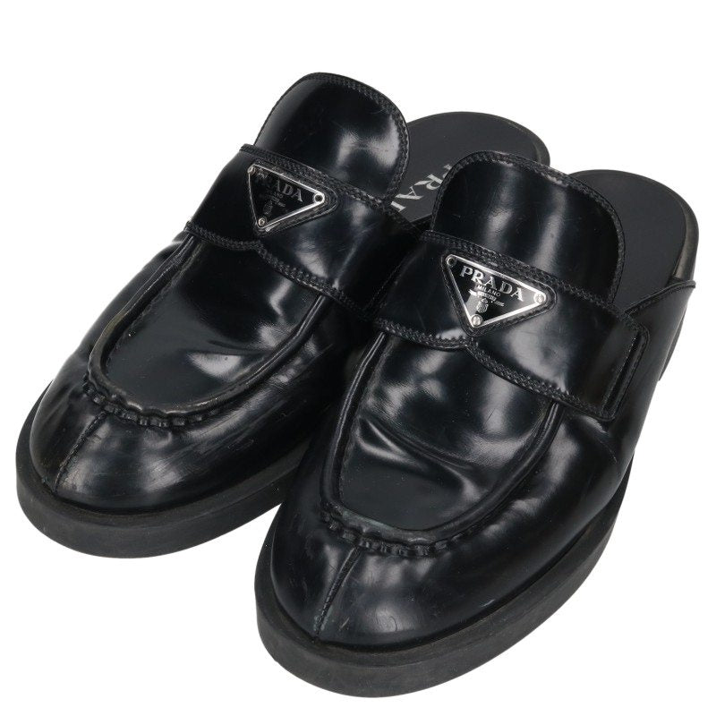 PRADA Black Leather Triangle Logo Mules Sandals Size EU 41