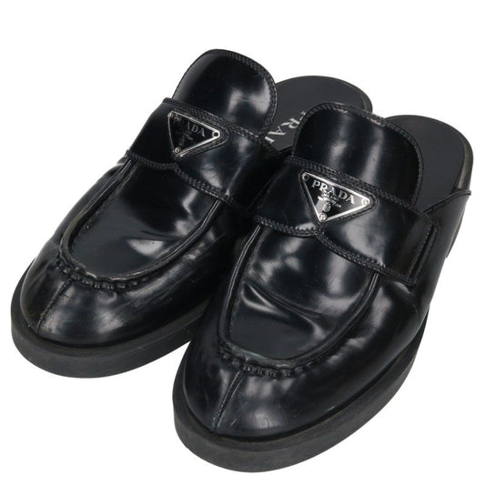 PRADA Black Leather Triangle Logo Mules Sandals Size EU 41