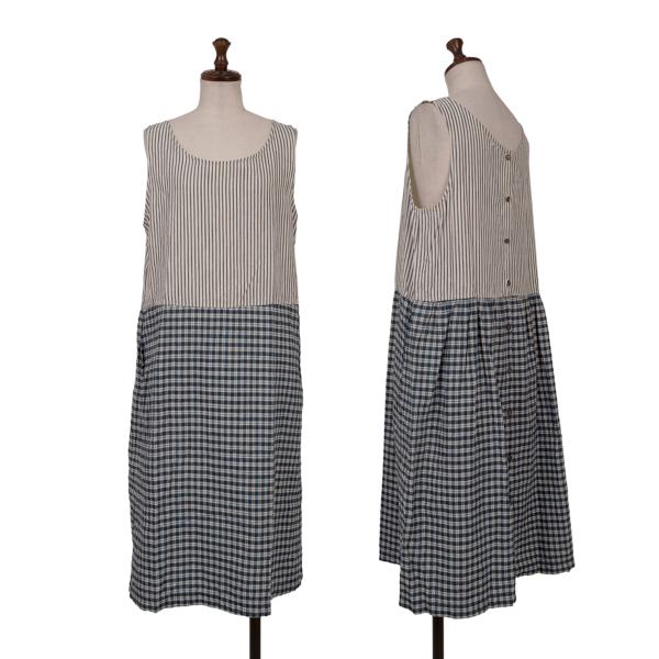 45rpm Cotton Linen Stripe Check Sleeveless Dress Blue Size M