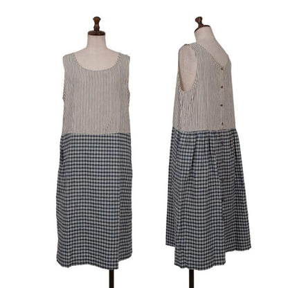 45rpm Cotton Linen Stripe Check Sleeveless Dress Blue Size M