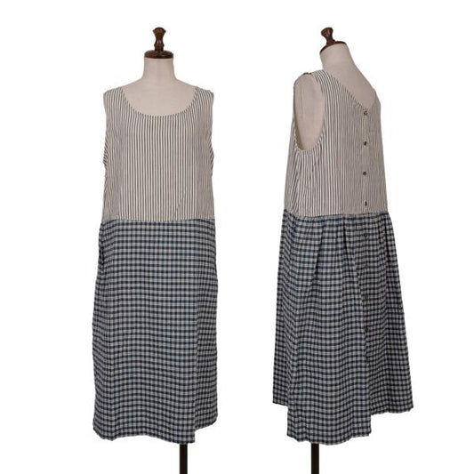 45rpm Cotton Linen Stripe Check Sleeveless Dress Blue Size M