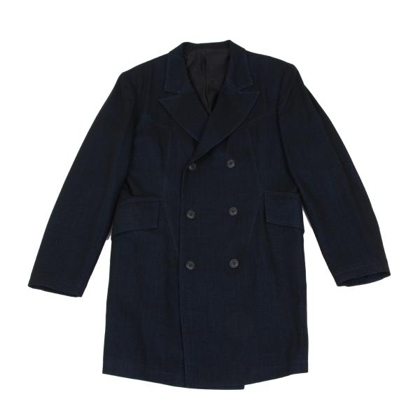 Y's Wool Blend Double Breasted Long Jacket Navy Size M