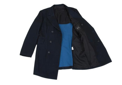 Y's Wool Blend Double Breasted Long Jacket Navy Size M