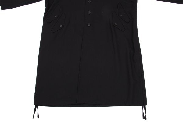 B Yohji Yamamoto Wool Side Drawstring Flap Coat Black Size 1
