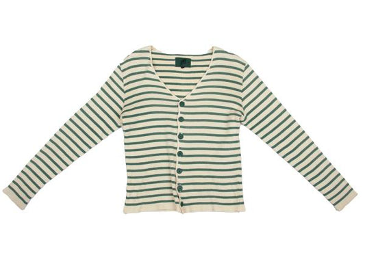 JUNIOR GAULTIER Striped Cotton V-Neck Beige Green Cardigan Size L