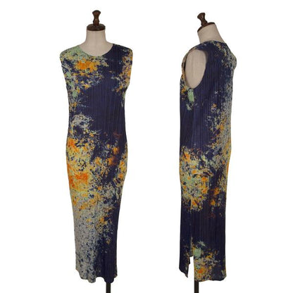 PLEATS PLEASE SPLASH 22AW Print Sleeveless Dress Navy Size 3