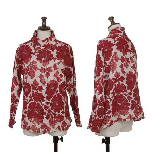 Plantation Leaf Jacquard Stand Collar Cotton Red Shirt Size M