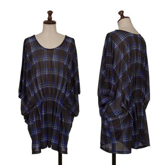 ISSEY MIYAKE Poly Check Wide Blouse Blue Size 2
