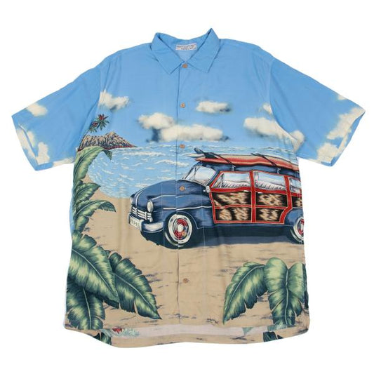 Papas Rayon Surf Print Aloha Shirt Light Blue Size M