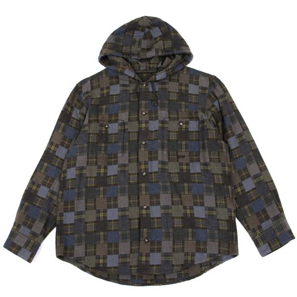 Papas Grey Check Block Flannel Hooded Shirt Hoodie Size 48M