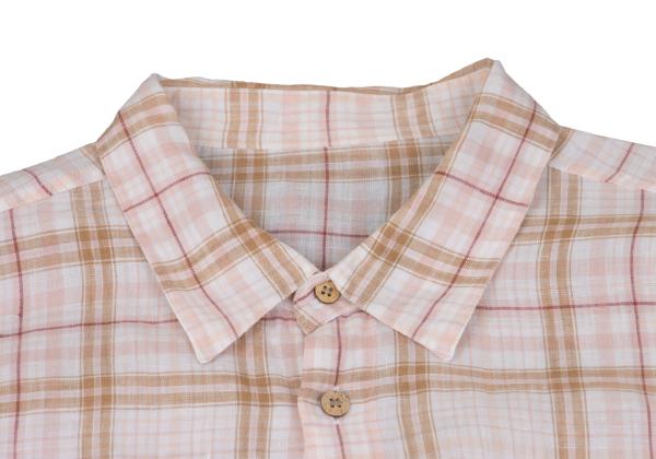 Papas Linen Madras Check Long Sleeve Shirt Pink/Brown Size 48M