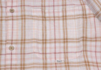 Papas Linen Madras Check Long Sleeve Shirt Pink/Brown Size 48M