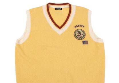 Papas Wool Logo Patch V-Neck Knit Vest Yellow Size L