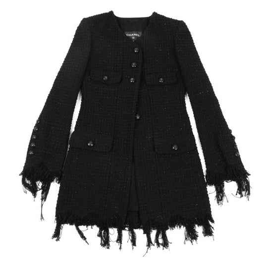 CHANEL Hem Fringe Tweed Jacket Black Size 36