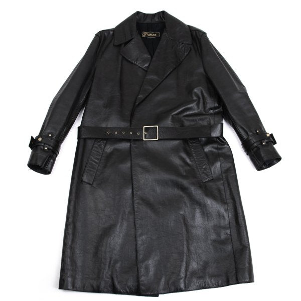VERSACE Belted Leather Coat Black Size XL