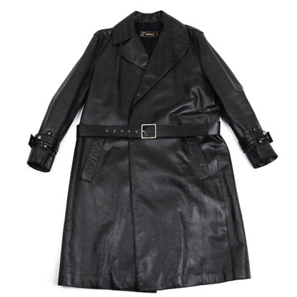 VERSACE Belted Leather Coat Black Size XL