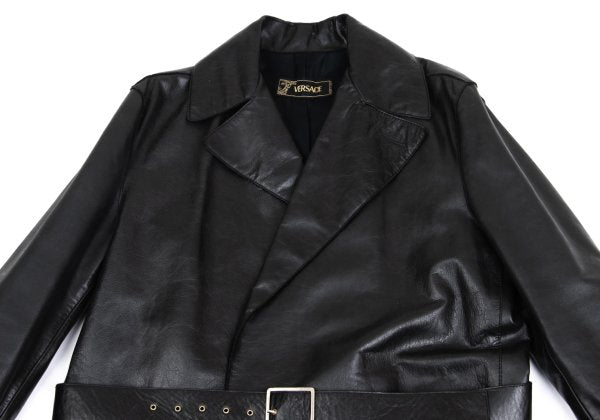 VERSACE Belted Leather Coat Black Size XL