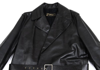 VERSACE Belted Leather Coat Black Size XL