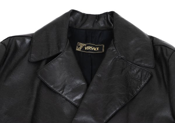 VERSACE Belted Leather Coat Black Size XL