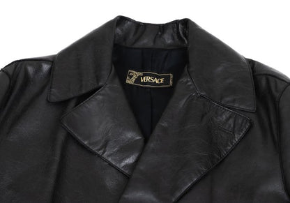 VERSACE Belted Leather Coat Black Size XL