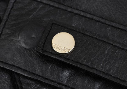 VERSACE Belted Leather Coat Black Size XL