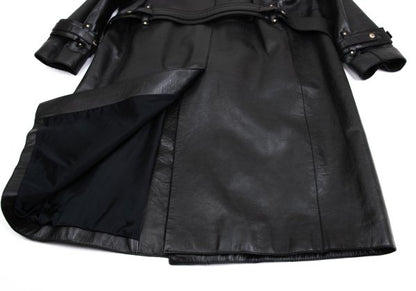 VERSACE Belted Leather Coat Black Size XL